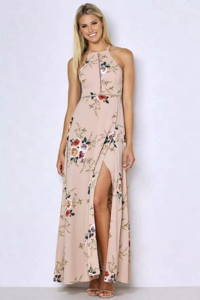 Fashion Sexy Halter Shoulder Print Flower Long Dress Whaonck 3207