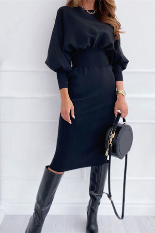 Casual Solid Color Lantern Sleeve Round Neck Long Dress