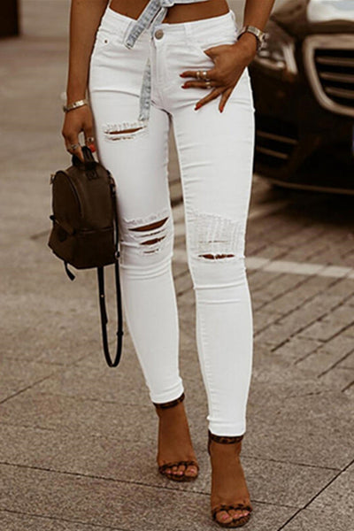 Womens Elasticity Ripped Bodycon White Jeans