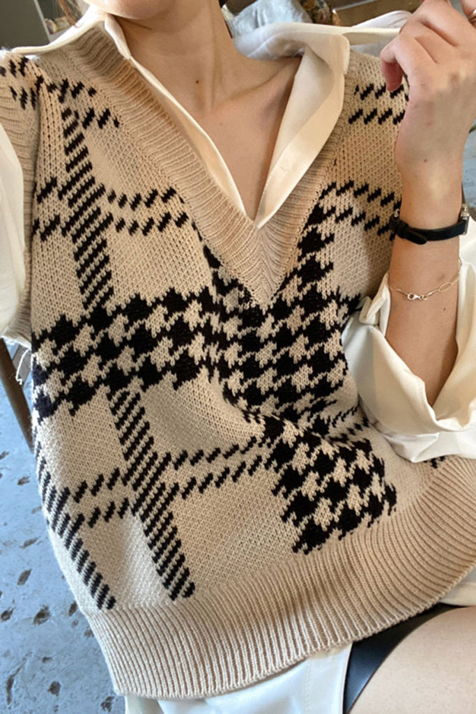 Plaid V-neck Knitted Sleeveless Sweater Vest Top
