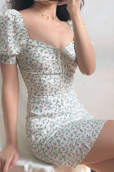 Short Sleeve Bodycon Chiffon Floral Print Drawstring Dress