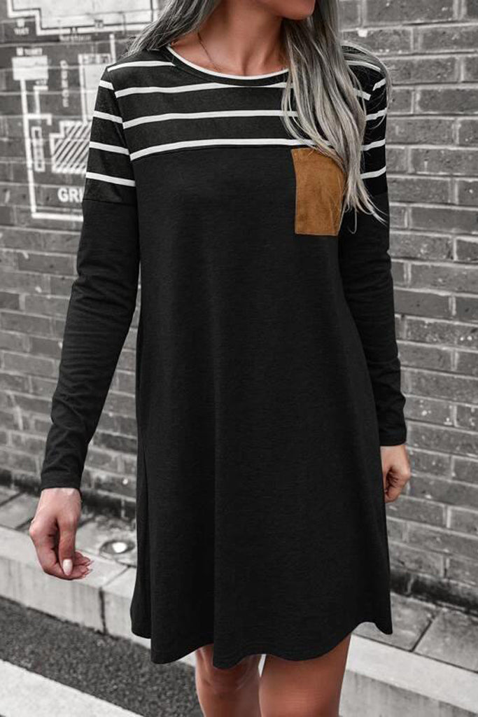 Womens Long Sleeve Loose Striped Pocket Dress