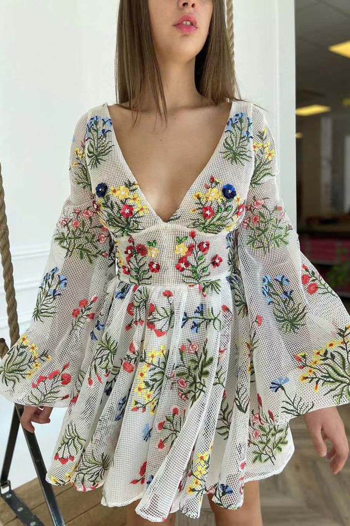 Women Sexy V-neck Embroidery Long Sleeved Dress