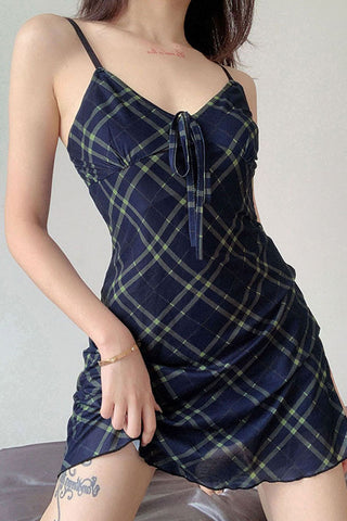 Womens Sexy V-Neck Sling Plaid Print Dress