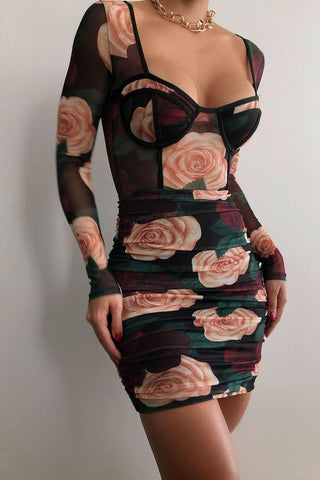 Print Long Sleeve Sexy Bodycon Mini Dress