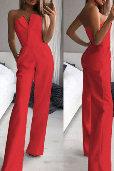 Slim Sleeveless Solid Color Sexy One-shoulder Jumpsuit