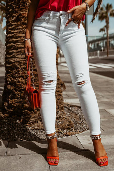 Solid Color Womens Ripped Bodycon Jeans