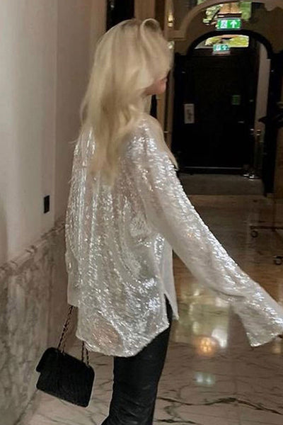 Sequin Shirt Womens Glitter Loose Long Sleeve Top