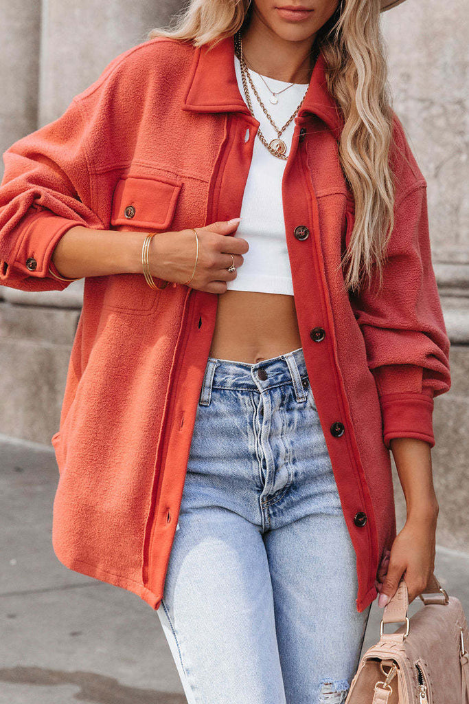 Womens Solid Color Long Sleeve Pocket Jacket Coat