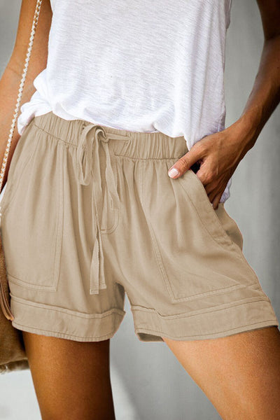 Solid Color Casual High Waist Loose Pocket Shorts