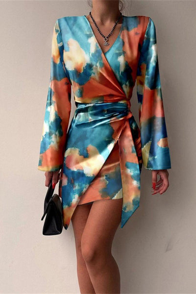 Women Long Sleeve V-Neck Print Irregular Dress