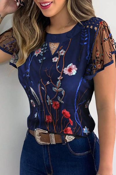 Womens Short Sleeve Flowers Perspective Embroidery Top