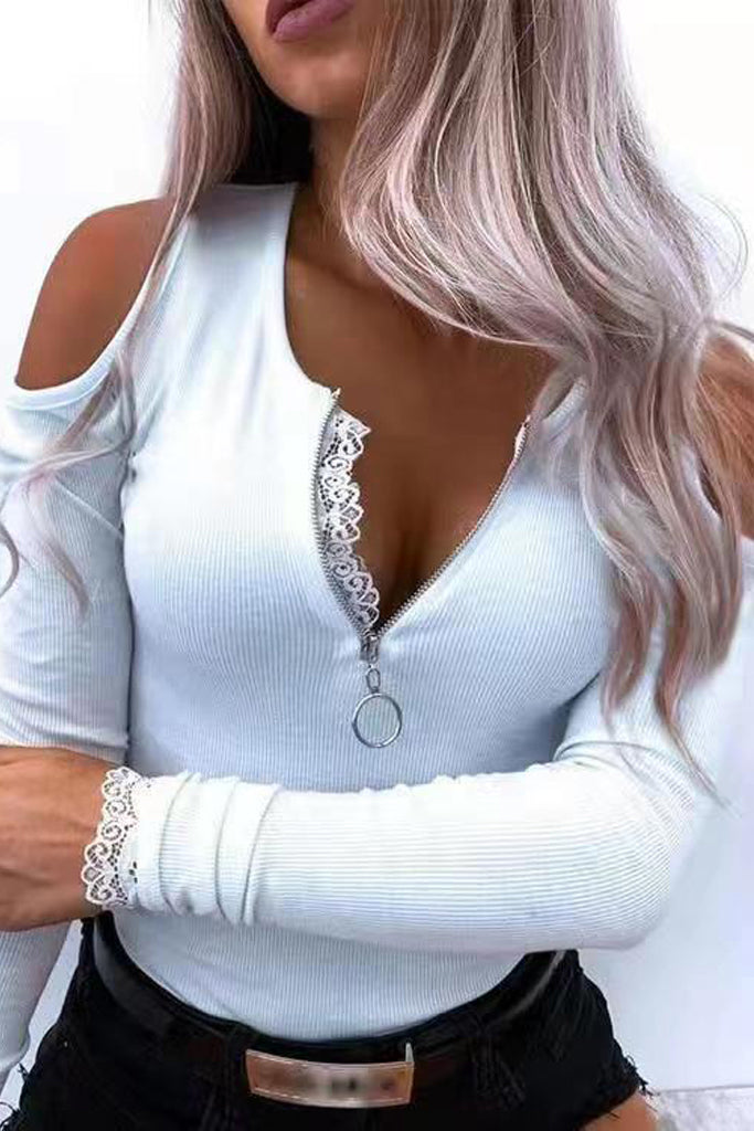 Woman Long Sleeve Zipper V-neck Sexy Top