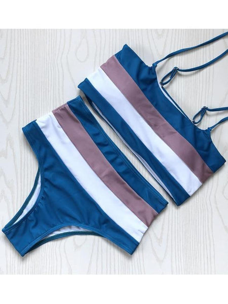 Sexy Women's Stripes Swimwear Bikini Set Swimsuit