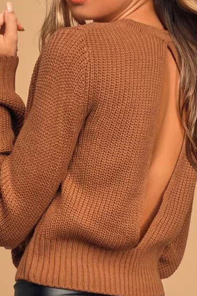 Womens Backless Round Neck Long Sleeve Sweater Top