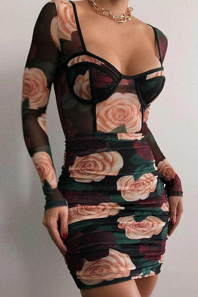Print Long Sleeve Sexy Bodycon Mini Dress