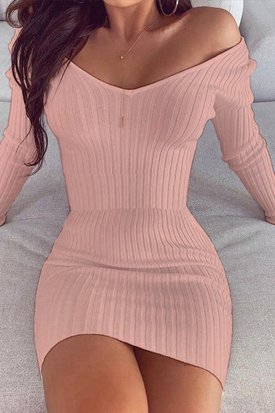 Womens Sexy Long Sleeve V-neck Solid Color Dress