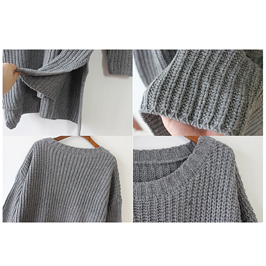 Oversized Long Side Slit Gray Knit Sweater