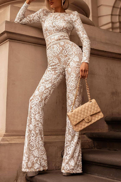 Sexy Long Sleeves Embroidery Lace Jumpsuit