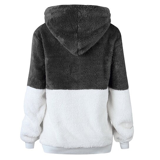 Plush Color Block Pullover Hoodie Sweater Top