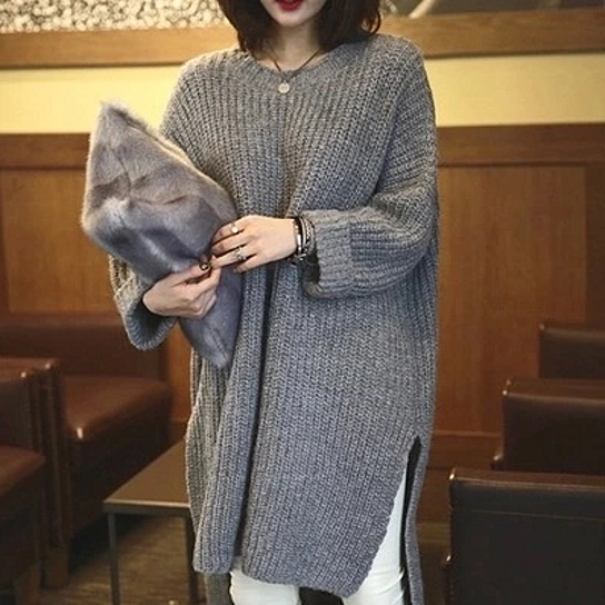 Oversized Long Side Slit Gray Knit Sweater