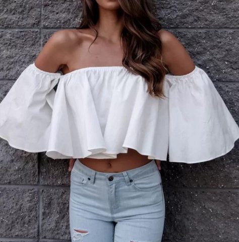 White Off the Shoulder Bell Loose Crop Top