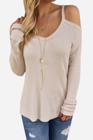 Beige Cold Shoulder Long Sleeve Knitted Shirt