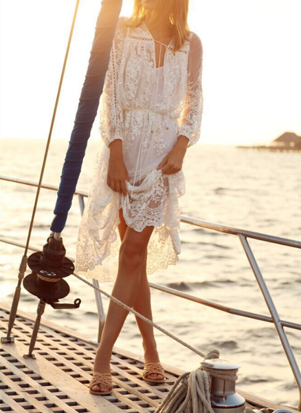Fashion Printing White Lace Flounced Dress