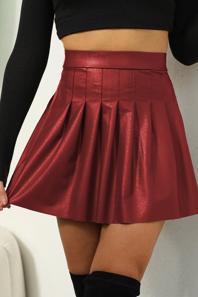 Womens Sexy PU Leather Pleated Mini Skirt