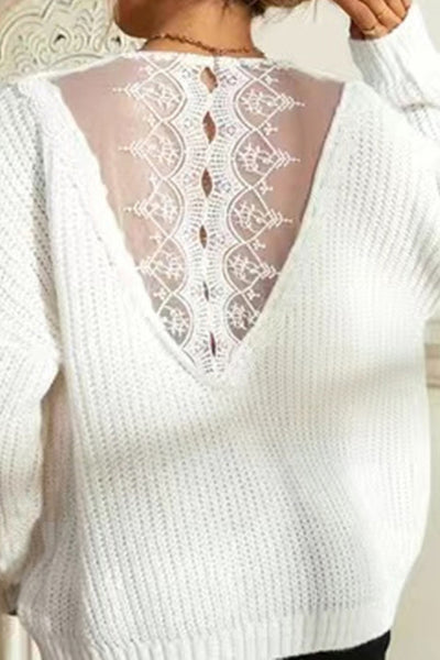 Loose Round Neck Backless Lace Sweater Top