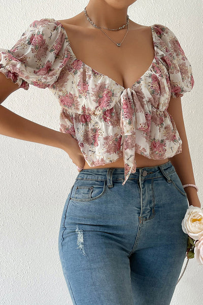 Short Sleeve Print Sexy Embroidered Shirt Top