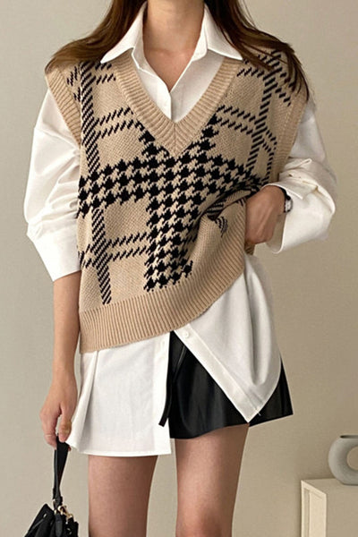 Plaid V-neck Knitted Sleeveless Sweater Vest Top