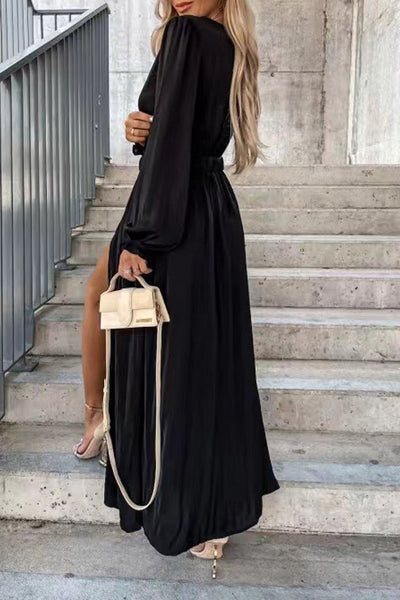 Woman Long Sleeve V-neck Split Mini Dress