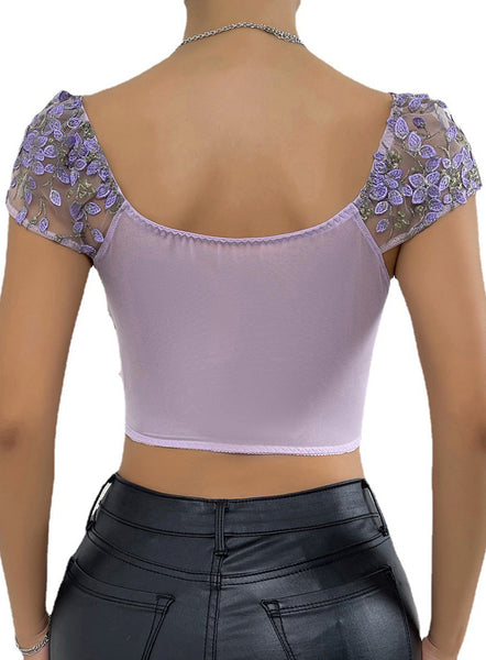 V-neck Embroidery Sexy Crop Tank Top