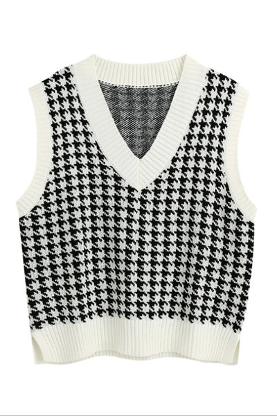 Houndstooth Womens Knitted V-neck Vest Top