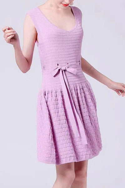 Womens Solid Color Sleeveless Bow Dress
