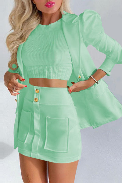 Long Sleeves Tops Print Mini Skirt Two-Piece Set