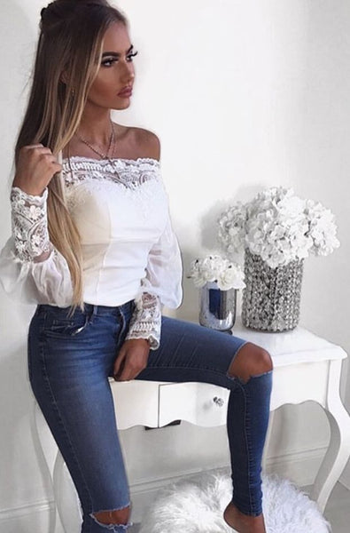 Solid Color Long-Sleeved White Lace Blouse
