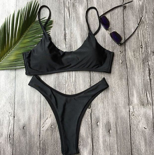 Sexy Solid Color Strap Swimwear Bikini Set