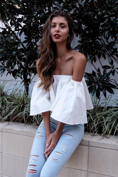 White Off the Shoulder Bell Loose Crop Top