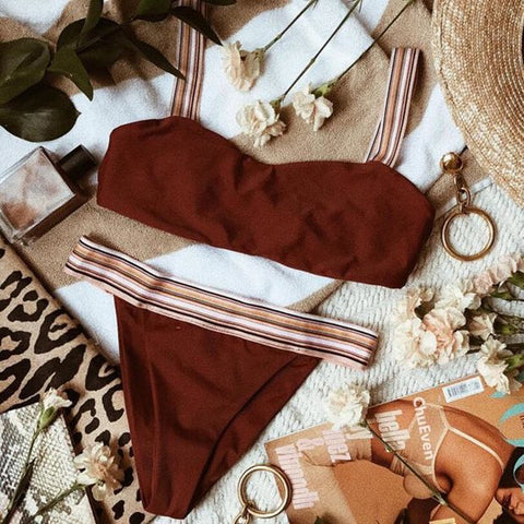 Sexy Wine Red Bikini Stripe Strap Two Piece Bikini Swimsuit