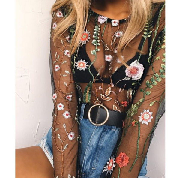Sexy Floral Embroidery Transparent Fashion Long Sleeve Top