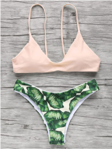 Fashion nude green leaf two piece bikini swimsuit