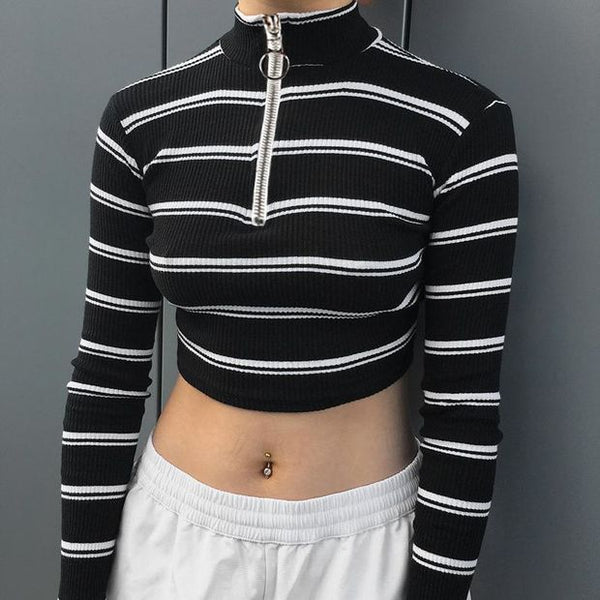 Women Multicolor Stripe Bodycon Turtleneck Zip Long Sleeve Crop Tops T-shirt