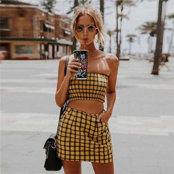 Summer Women's Fashion Hot Sale Bra Plaid Dress Bottom & Top