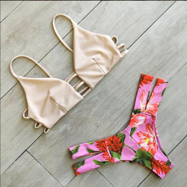 Print Sexy Backless Strap Bikini Set Swimsuit Swimwear