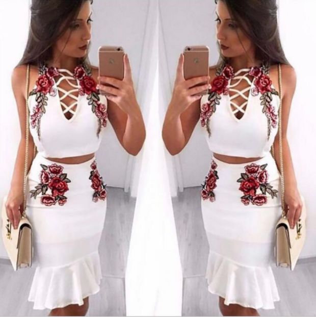 Sexy Fashion Straps Floral Embroidery Chest Lace Up Type Hollow Falbala Two Piece Dress