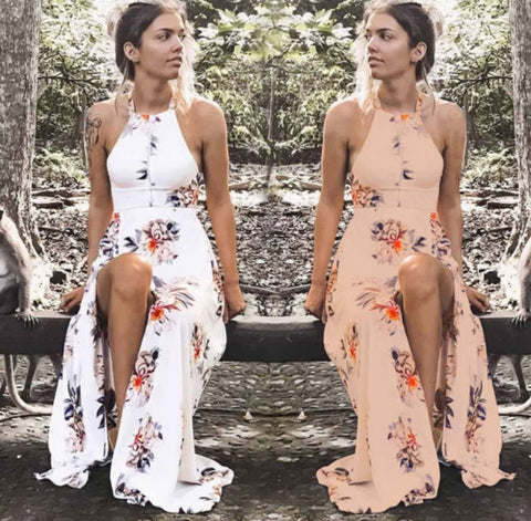 Fashion Sexy Halter Shoulder Print Flower Long Dress