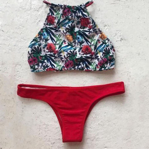 High Neck Print Halter Bikini Swimsuit Swimwear