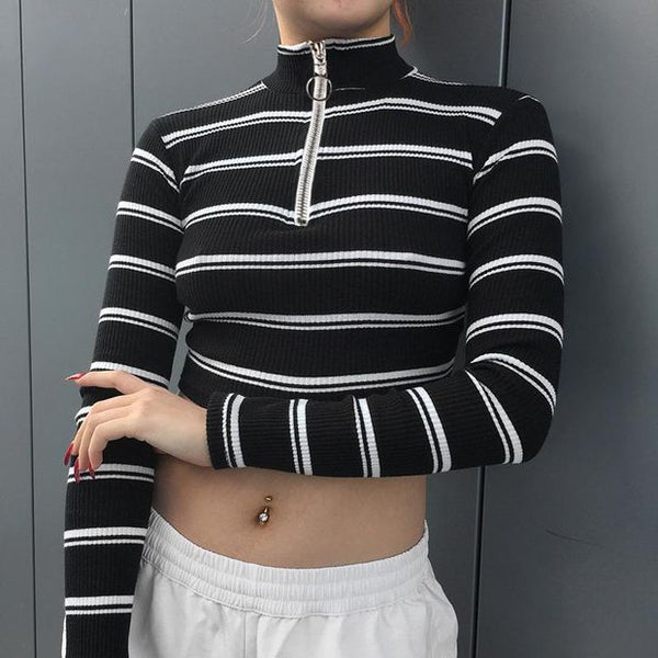 Women Multicolor Stripe Bodycon Turtleneck Zip Long Sleeve Crop Tops T-shirt